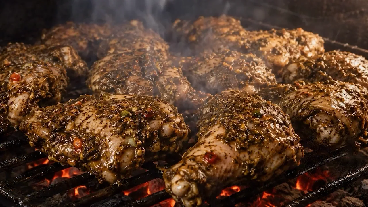 Seasoned jerk chicken beginning to cook over the grill