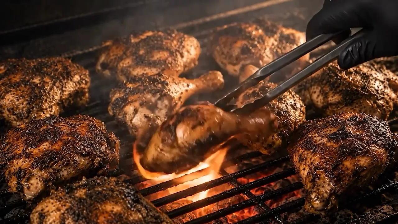 Jerk chicken being turned over flame