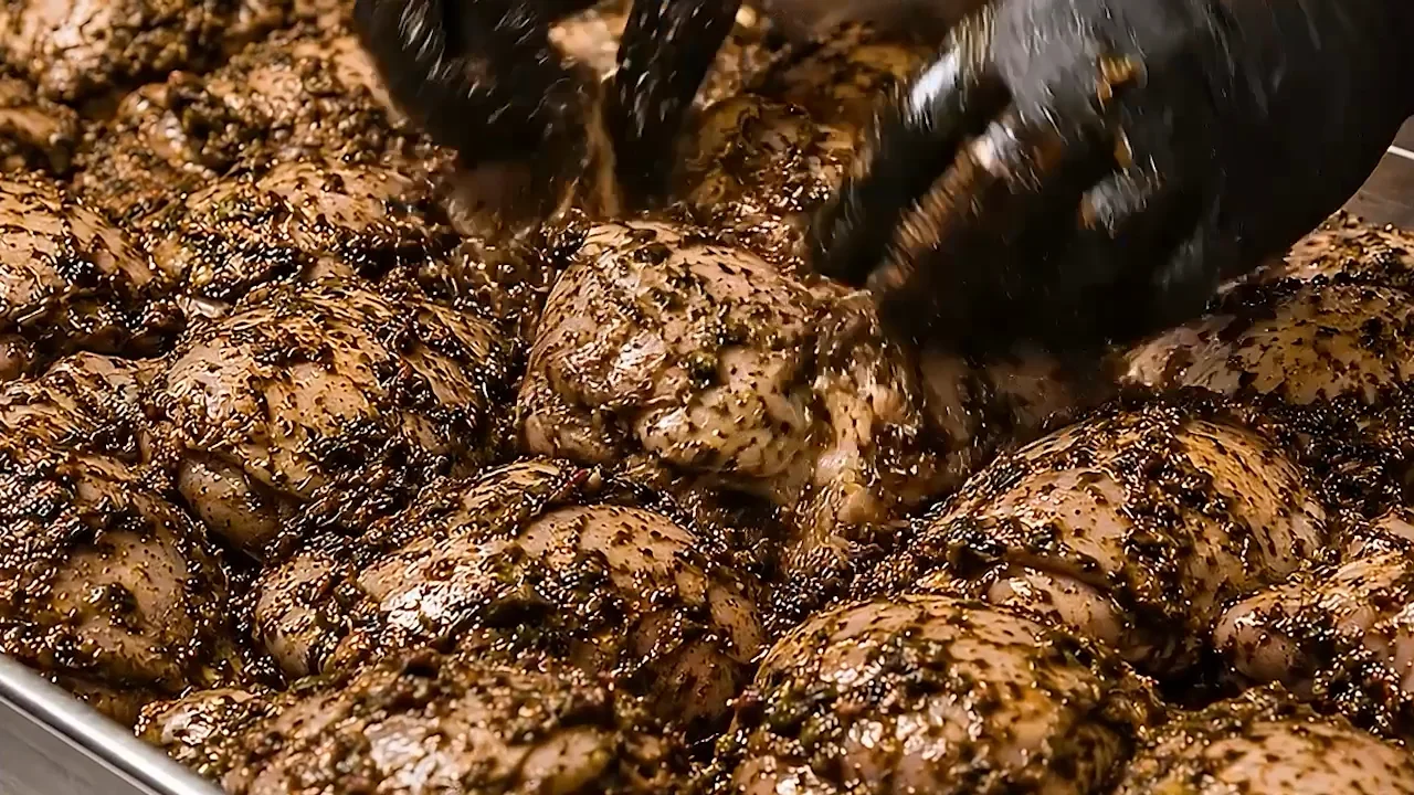 Jerk chicken being seasoned by hand