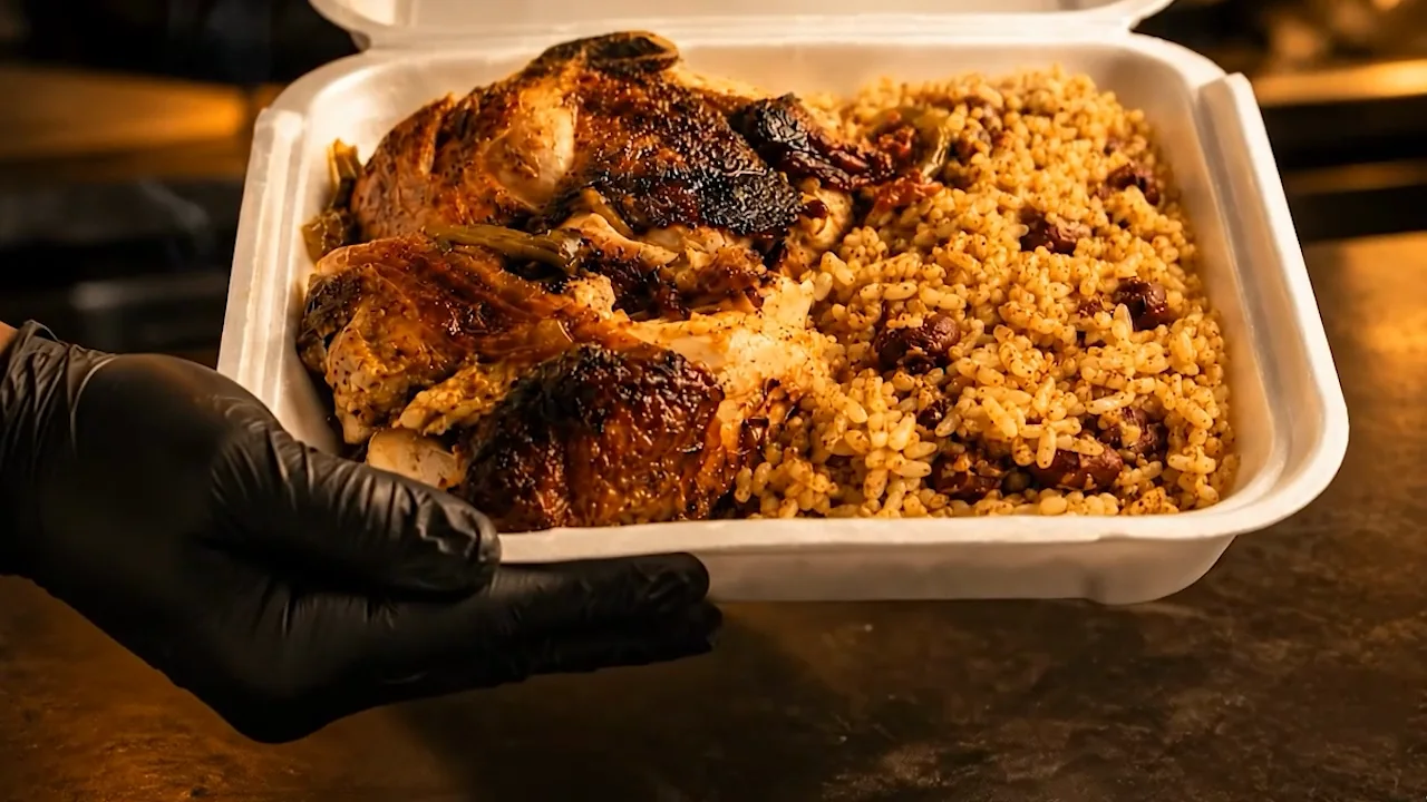Finished jerk chicken served with rice and peas
